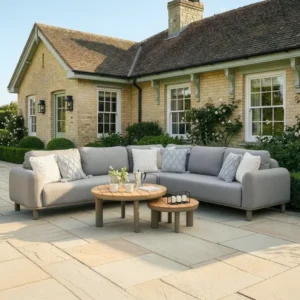Oak Garden Land - Outdoor Fabric Sicily Corner Sofa Set with Round Coffee Tables - Café