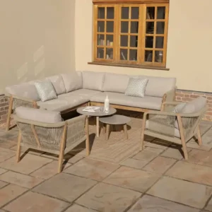 Oak Garden Land - Martinique Rope Weave Corner Sofa Set with 2 Lounge Armchairs & 2 Round Coffee Tables