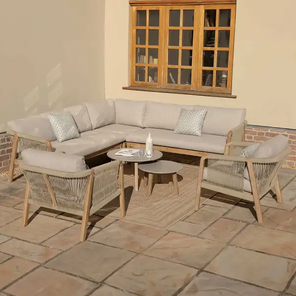 Oak Garden Land - Martinique Rope Weave Corner Sofa Set with 2 Lounge Armchairs & 2 Round Coffee Tables