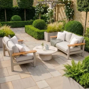 Oak Garden Land - Sicily Rope Weave Garden Sofa Set with Round Marble Effect Coffee Table & 2x 2 Seat Sofas - Latte