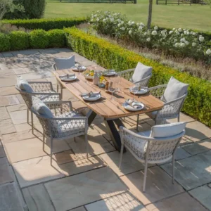 Oak Garden Land - Jakarta Teak Oval Dining Table with 6 Monaco Cool Linen Rope Weave Dining Chairs