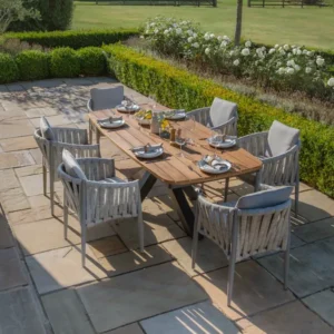Oak Garden Land - Jakarta Teak Oval Dining Table with 6 Milan Cool Linen Rope Weave Dining Chairs