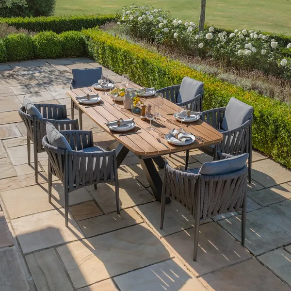 Oak Garden Land - Jakarta Teak Oval Dining Table with 6 Milan Charcoal Rope Weave Dining Chairs