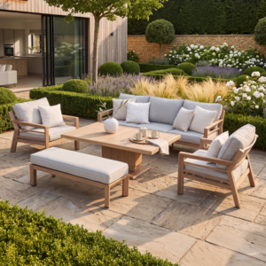 Oak Garden Land - New York 3 Seat Sofa Wood Effect Aluminium Sofa Set with Rising Table - Almond