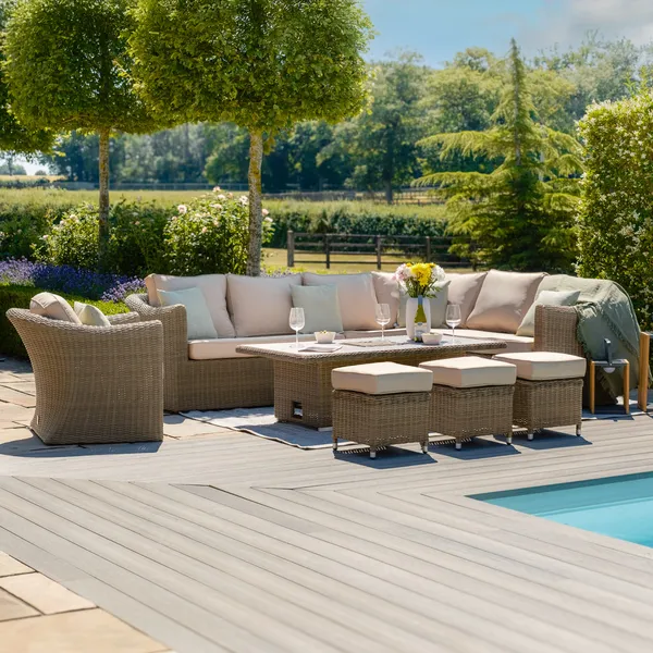Oak Garden Land - Winchester Deluxe Large Rattan Corner Dining Set with Rising Table & Armchair - Ceramic Glass