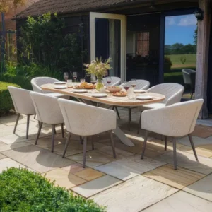 Oak Garden Land - Sicily Teak 8 Seat Rectangular Dining Set with Ambition Dining Chairs - Latte