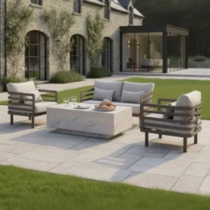 Oak Garden Land - Metro Aluminium 2 Seat Sofa Set with Armchairs & Rectangular Stone Coffee Table - Café Almond