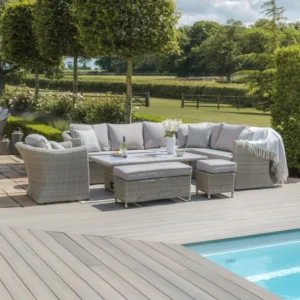 Oak Garden Land - Oxford Deluxe Large Rattan Corner Dining Set with Rising Table & Armchair - Ceramic Glass