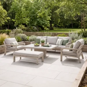 Oak Garden Land - New York 3 Seat Sofa Aluminium Sofa Set with Ceramic Glass Rising Table - Latte