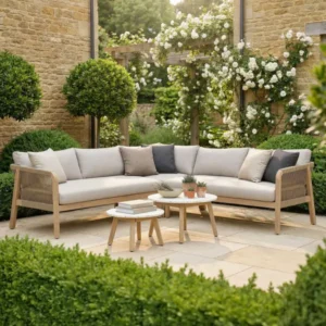 Oak Garden Land - Antigua Rope Weave Corner Sofa Set with 2 Round Coffee Tables - Terrazzo