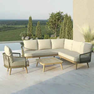 Oak Garden Land - Bali Rope Weave Corner Sofa Set & Armchair with Large Square Coffee Table