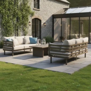 Oak Garden Land - Metro Aluminium 3 Seat Garden Sofa Set with Rectangular Coffee Table - Café Almond