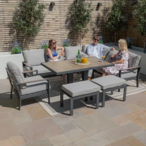 Oak Garden Land - Vancouver Large Aluminium Corner Dining Set with Rectangular Rising Table, 2 Stools & Armchair - Dove Grey