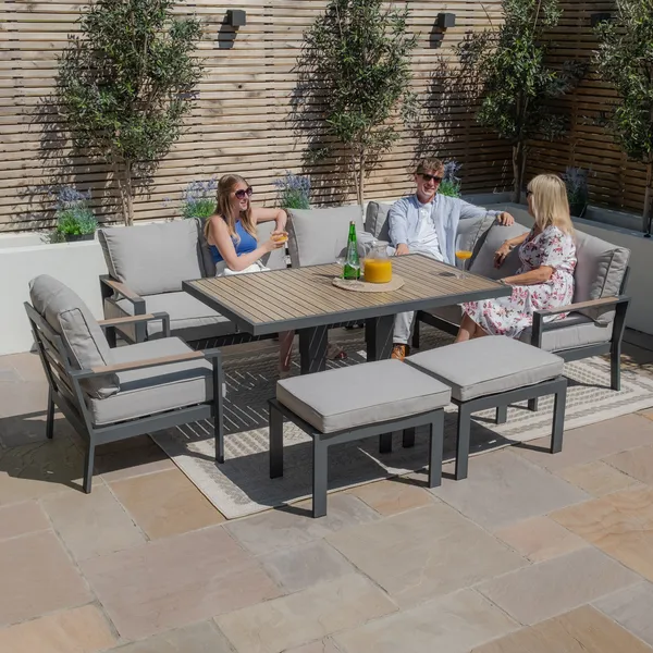 Oak Garden Land - Vancouver Large Aluminium Corner Dining Set with Rectangular Rising Table, 2 Stools & Armchair - Dove Grey