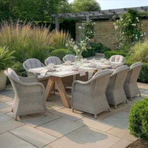 Oak Garden Land - Antigua 8 Seat Rectangular Dining Set with Oxford Heritage Rattan Dining Chairs