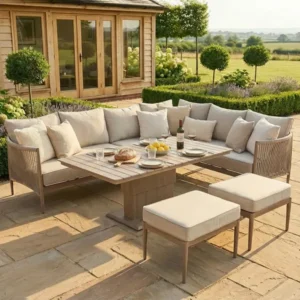 Oak Garden Land - Havana Rope Weave Large Corner Dining Set with Rectangular Rising Table & Footstools