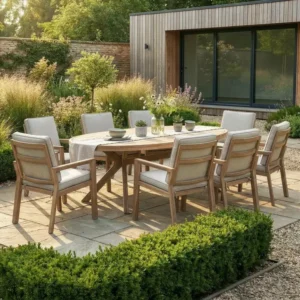 Oak Garden Land - New York 8 Seat Oval Aluminium Dining Set - Wood Effect