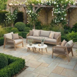 Oak Garden Land - Antigua Rope Weave 3 Seat Sofa Set with 2 Lounge Armchairs & Round Coffee Tables