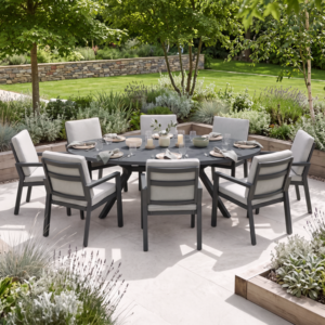 Oak Garden Land - New York 8 Seat Oval Aluminium Ceramic Glass Dining Set - Dove Grey