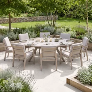 Oak Garden Land - New York 8 Seat Oval Aluminium Ceramic Glass Dining Set - Latte