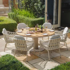 Oak Garden Land - Sicily Open Rope Weave 6 Seat Round Pedestal Dining Set - Latte