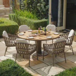 Oak Garden Land - Sicily Open Rope Weave 6 Seat Round Pedestal Dining Set - Café