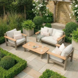 Oak Garden Land - Sicily Rope Weave 2 Seat Sofa with 2 Armchairs & Coffee Table - Café
