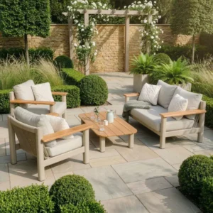 Oak Garden Land - Sicily Rope Weave 2 Seat Sofa with 2 Armchairs & Coffee Table - Latte