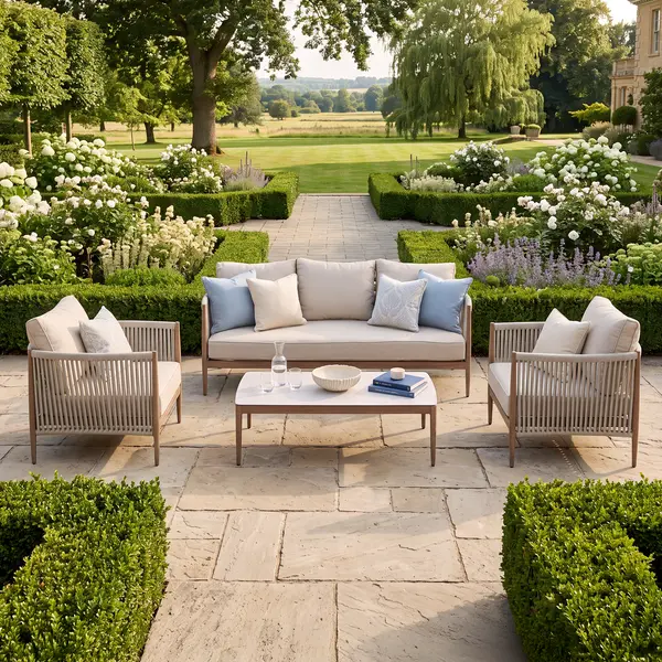 Oak Garden Land - Havana Rope Weave 3 Seat Sofa Set with Rectangular Coffee Table - Ceramic Glass