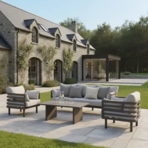 Oak Garden Land - Metro Aluminium 3 Seat Garden Sofa Set with Armchairs & Rectangular Coffee Table - Café Almond
