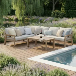 Oak Garden Land - New York Wood Effect Aluminium Corner Sofa Set - Almond