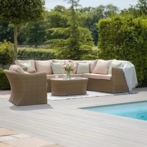 Oak Garden Land - Winchester Large Rattan Corner Sofa Set with Armchair - Ceramic Glass
