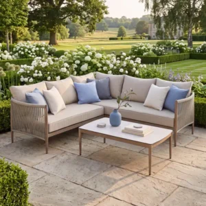 Oak Garden Land - Havana Rope Weave Small Corner Sofa Set with Rectangular Coffee Table - Ceramic Glass
