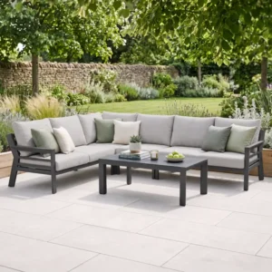Oak Garden Land - New York Aluminium Corner Sofa Set with Ceramic Glass Coffee Table - Dove Grey