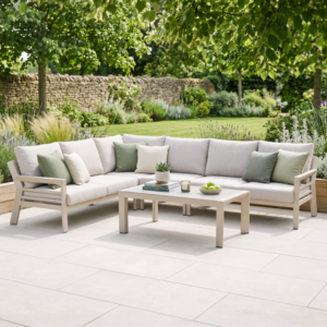 Oak Garden Land - New York Aluminium Corner Sofa Set with Ceramic Glass Coffee Table - Latte