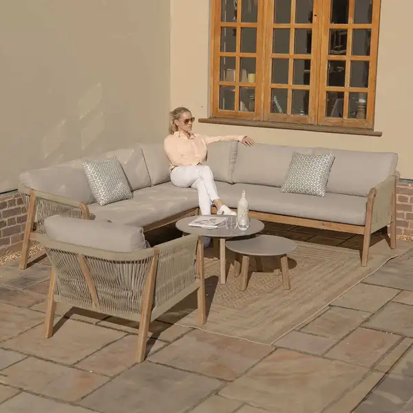 Oak Garden Land - Martinique Rope Weave Corner Sofa Set with Lounge Armchair & 2 Round Coffee Tables