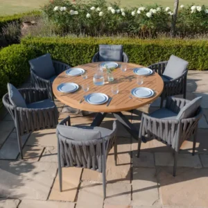 Oak Garden Land - Jakarta Teak Round Dining Table with 6 Milan Charcoal Rope Weave Dining Chairs