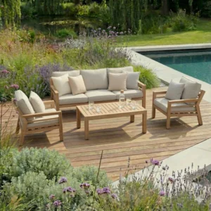 Oak Garden Land - New York 3 Seat Wood Effect Aluminium Sofa Set - Almond