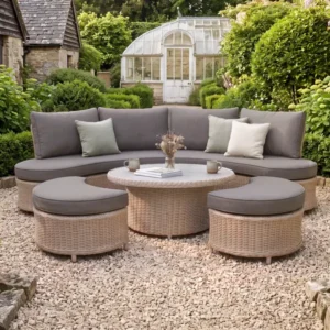 Oak Garden Land - Turin Curved Rattan Corner Dining Set with Round Rising Table & Footstools - Natural