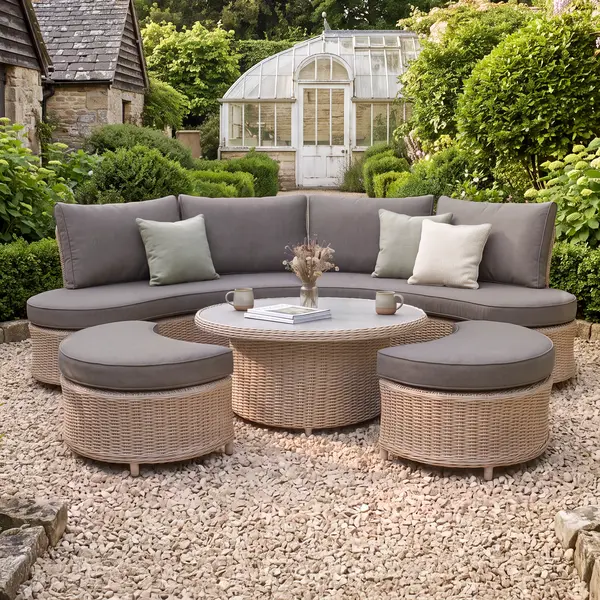 Oak Garden Land - Turin Curved Rattan Corner Dining Set with Round Rising Table & Footstools - Natural