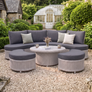 Oak Garden Land - Turin Curved Rattan Corner Dining Set with Round Rising Table & Footstools - Light Grey