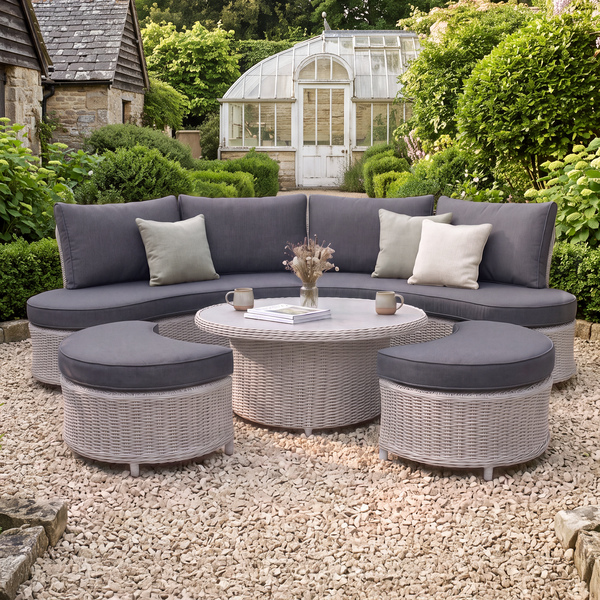 Oak Garden Land - Turin Curved Rattan Corner Dining Set with Round Rising Table & Footstools - Light Grey