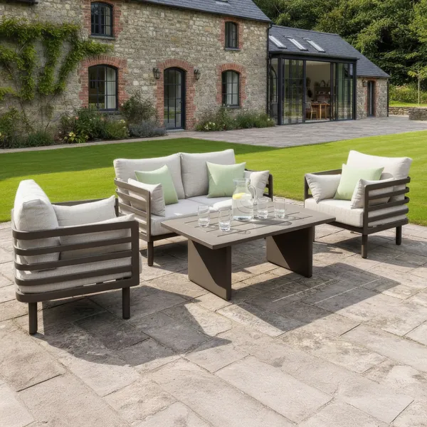 Oak Garden Land - Metro Aluminium 2 Seat Sofa Set with Armchairs & Rectangular Coffee Table - Café Almond