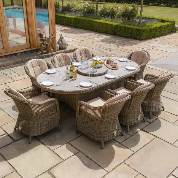 Oak Garden Land - Winchester 8 Seat Oval Dining Set with Heritage Dining Chairs & Woven Lazy Susan - Ceramic Glass