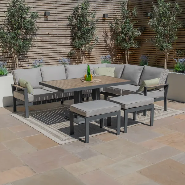 Oak Garden Land - Vancouver Large Aluminium Corner Dining Set with Rectangular Rising Table & 2 Stools - Dove Grey