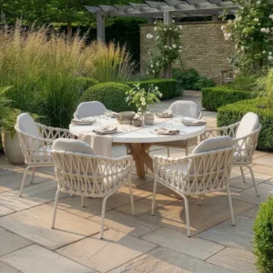 Oak Garden Land - Antigua 6 Seat Round Dining Set with Sicily Open Rope Weave Dining Chairs - Latte