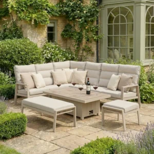 Oak Garden Land - Valencia Reclining Aluminium Corner Garden Dining Set with Rising Table, Footstools & Bench - Latte