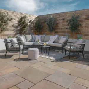 Oak Garden Land - Monaco Rope Weave Large Corner with Pair of Round Coffee Tables 2 & Armchairs - Ivy Green