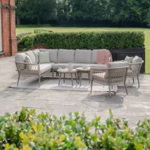 Oak Garden Land - Monaco Rope Weave Large Corner with Pair of Round Coffee Tables & 2 Armchairs - Cool Linen
