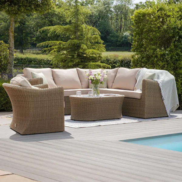 Oak Garden Land - Winchester Small Rattan Corner Sofa Set with Armchair - Ceramic Glass